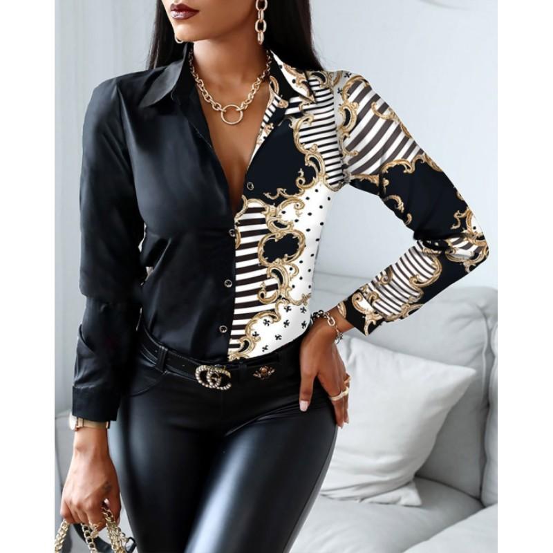 Women's Autumn Long Sleeved V-neck Color Blocked Retro Style Shirt, Loose and Elegant Casual Top