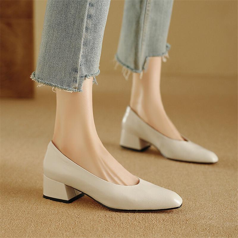 Fashion New Spring/summer Genuine Leather Shallow Shoes for Women Fashion Round Toe Women Pumps Breathable Chunky Heel Shoes Women
