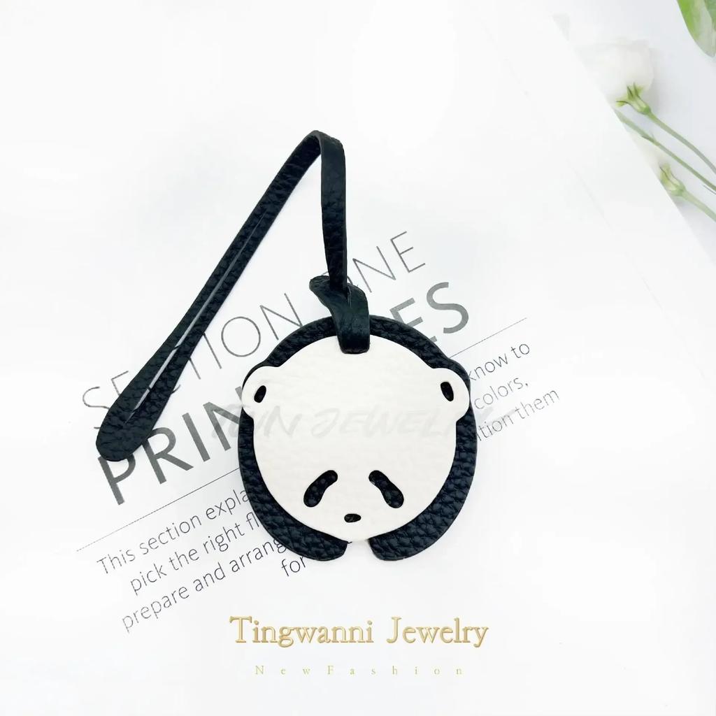 Cute panda bag pendant, top layer cowhide charm, leather backpack, animal charm key chain