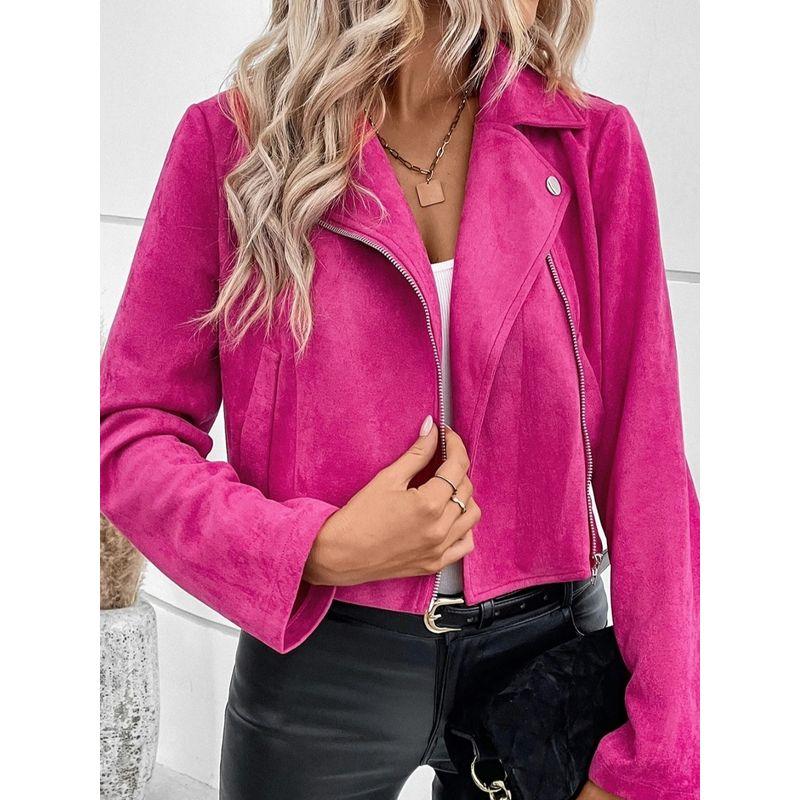 Autumn and Winter New European and American Suit Collar Fashion Zip-up Pink Jacket Long sleeve Short Outerwear Deerskin Velvet Top 6 Colors