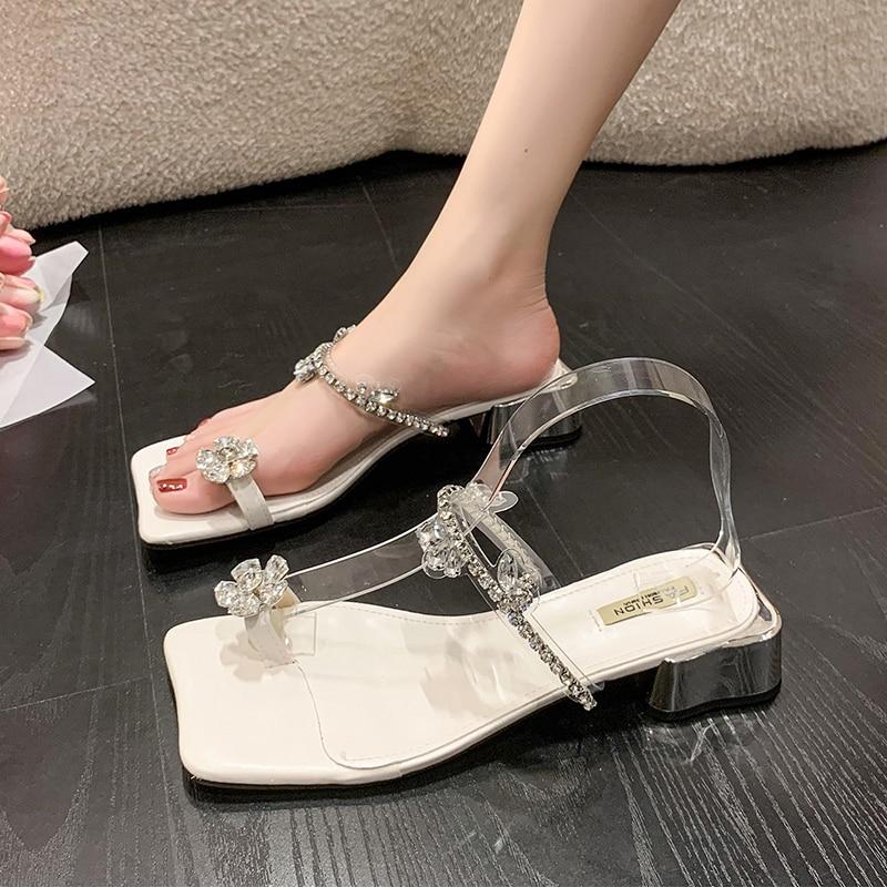 Women Slippers Casual Mules Square Mid Heels Round Toe Women Shoes Bright Crystal Flower Summer Slippers Plus Size