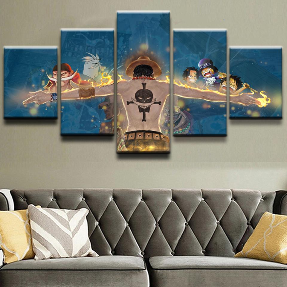5 Panel Anime Cuadros Fire Fist Ace Wall Art Posters Canvas Pictures HD Prints Paintings Home Decor For Living Room Decoration