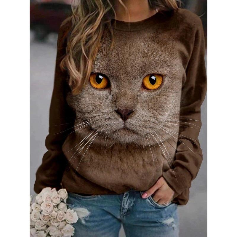 Modne damskie T-shirty z okrągłym dekoltem, z nadrukiem 3D uroczego kota, z długim rękawem, casualowe