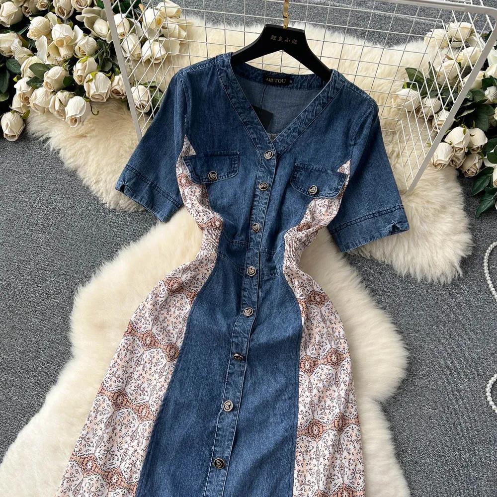 Summer Women Casual A-line V Neck Pullover Denim Patchwork Women Dresses Print Floral Short Sleeve Female Long Dress