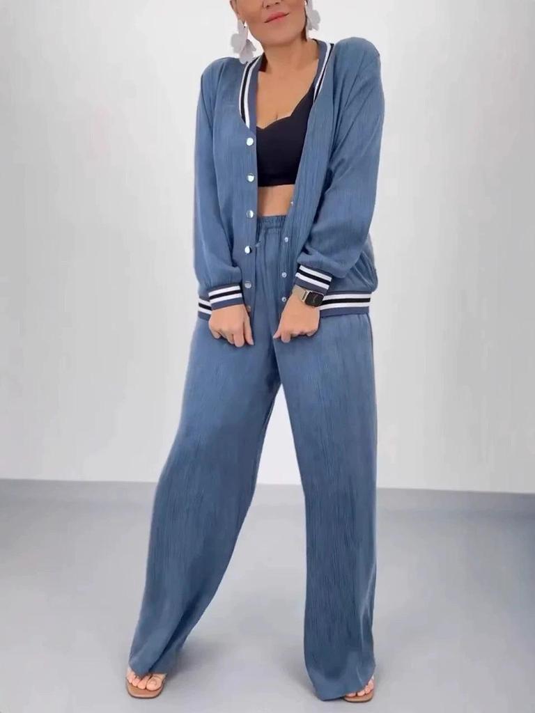 2025 Autumn/Winter European-American Patchwork Round Neck Cardigan & Wide Leg Pants Set for Women.
