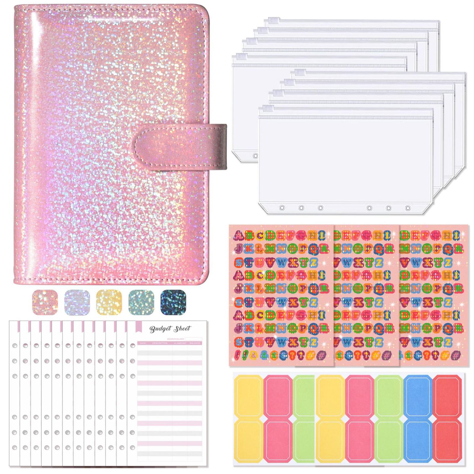 

Glitter PU Leather Refillable Binder Notebook with Loose Leaf Paper Index Tabs and Sticker Sheets for Organizing Notes and Planning One Size розовый