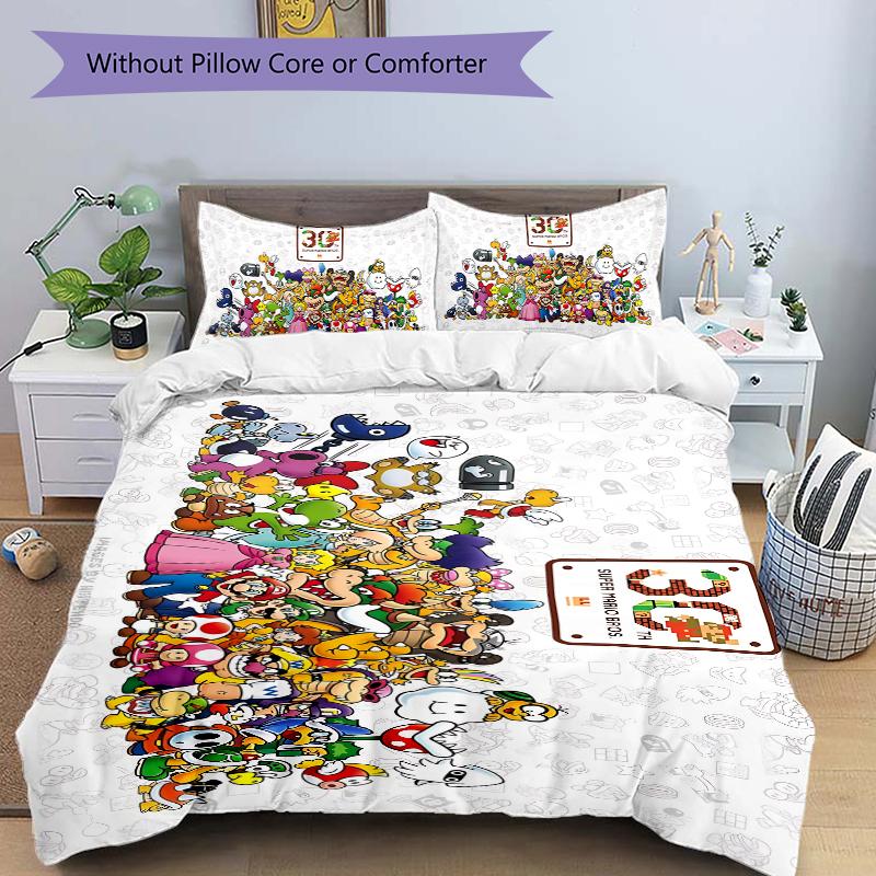 Super Mario Bros 35Th Anniversary Printed 3pcs Bedding Set Soft Microfiber 1 Duvet Cover And 2 Pillowcases Home Bedroom Decor Xmas Gift K1356