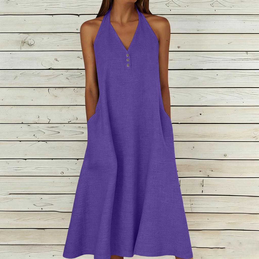 Fashion Women's Summer Dress Cotton Linen V-neck Backless Dress With Pockets Sun Skirt