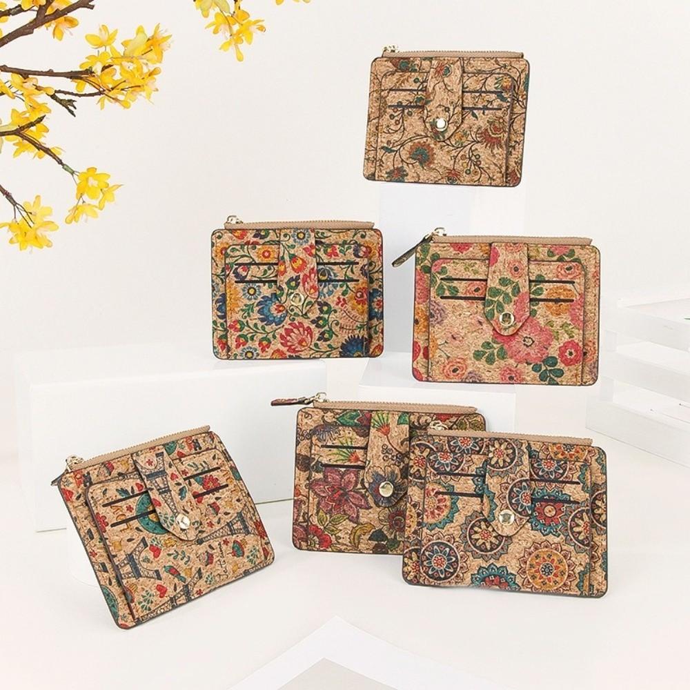 Retro Ethnic Style Coin Purse Multi-slot Cork Wood Credit Card Holder Portable Ultra-thin Zipper Small Wallet