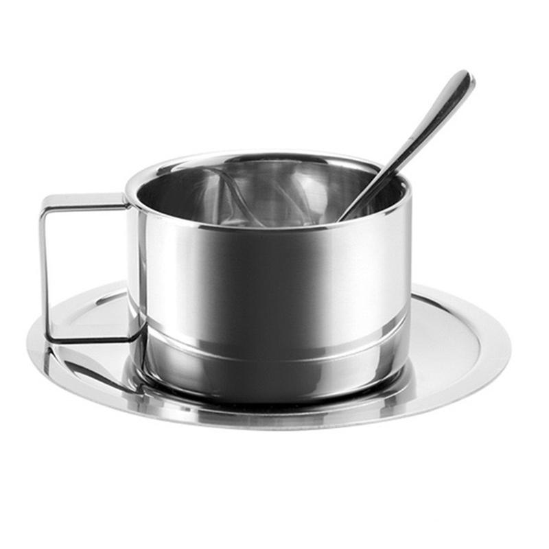 Style INS Mug Minimaliste Nordique Lot de 3 pièces Mug à Café en Acier Inoxydable 304 Résistant à la Chaleur Tasse à Lait avec Soucoupe Cuillère Set de Sets de Table