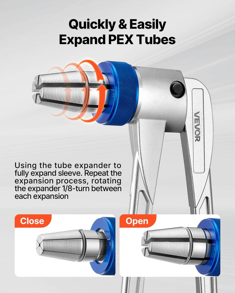 PEX Pipe Expander Tool Kit, Manual Tubing Expansion Tool for 9.52mm, 12.7mm, 19mm, 25.4mm PEX Pipes - with 4 Expanding Heads, Pipe Cutter & Toolbox