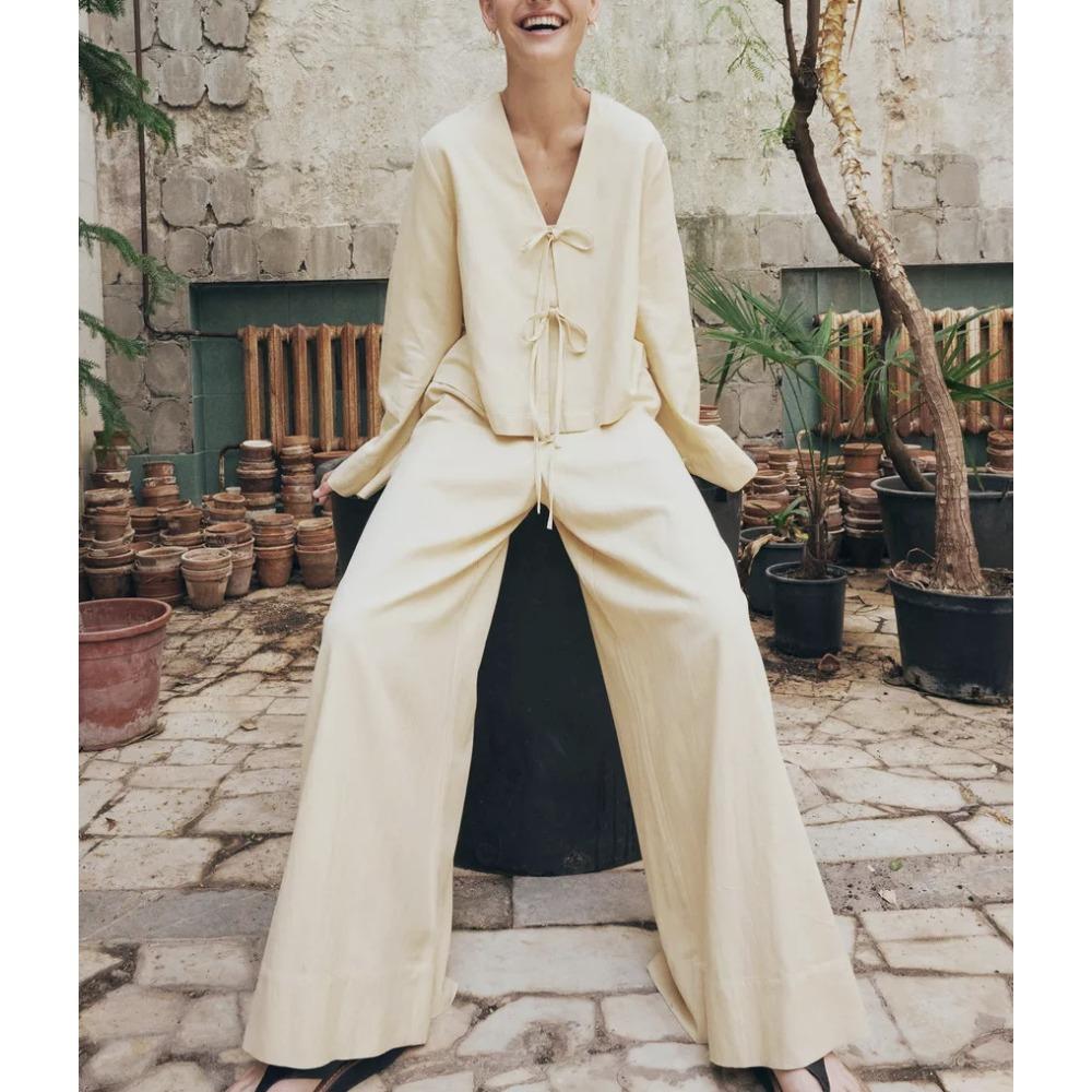 Early autumn casual lace-up design cardigan trouser suit European and American fashion lazy two-piece set S