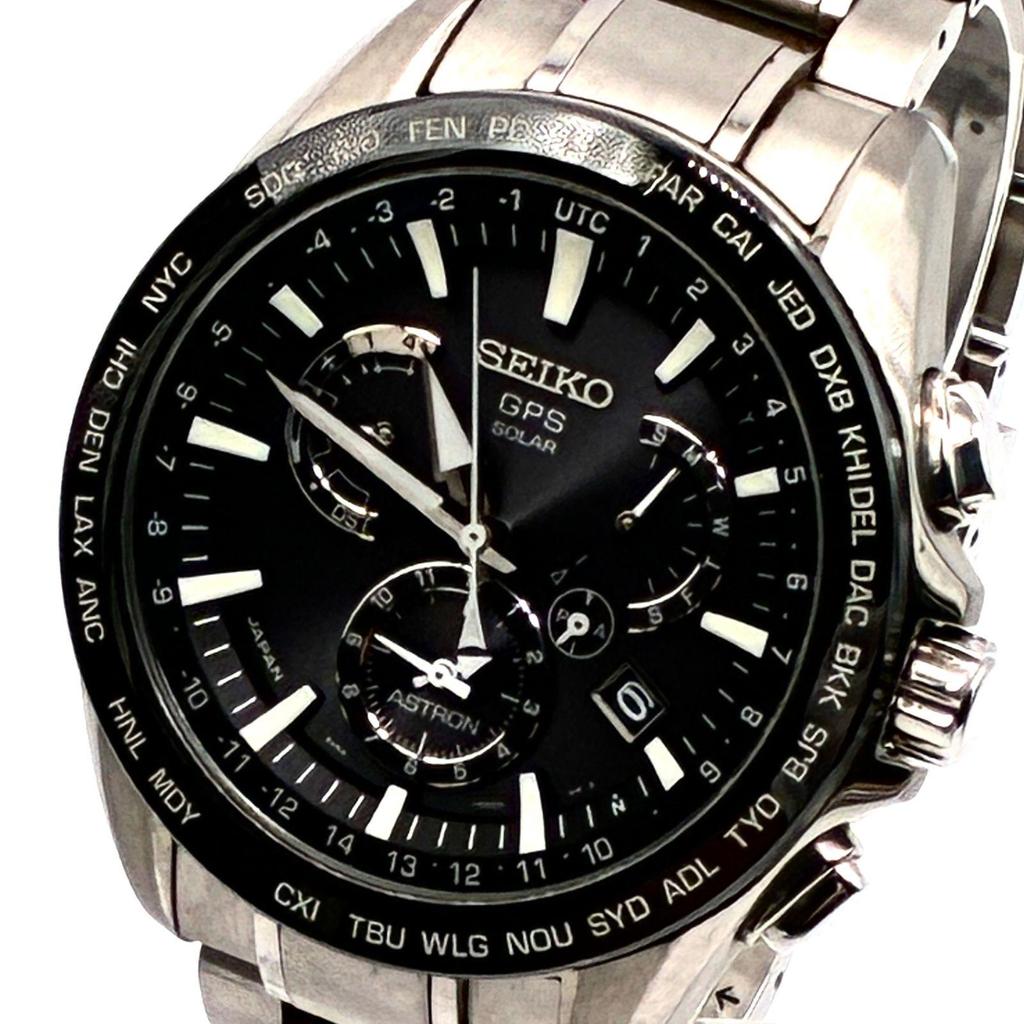 Used Excellent Condition, Working, SEIKO Astron Men's Watch, Dual Time, GPS Solar, Business, Silver, Black, with Box, Rare, Authentic