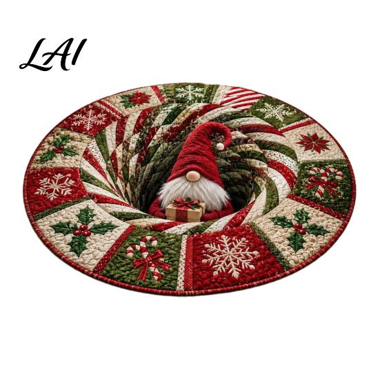 Christmas Floor Mat Round 3D Rug Optical Illusion Area Santa Claus Gnome Quilted-Like Patterned Rug Anti-slip Washable for Living Room Bedroom