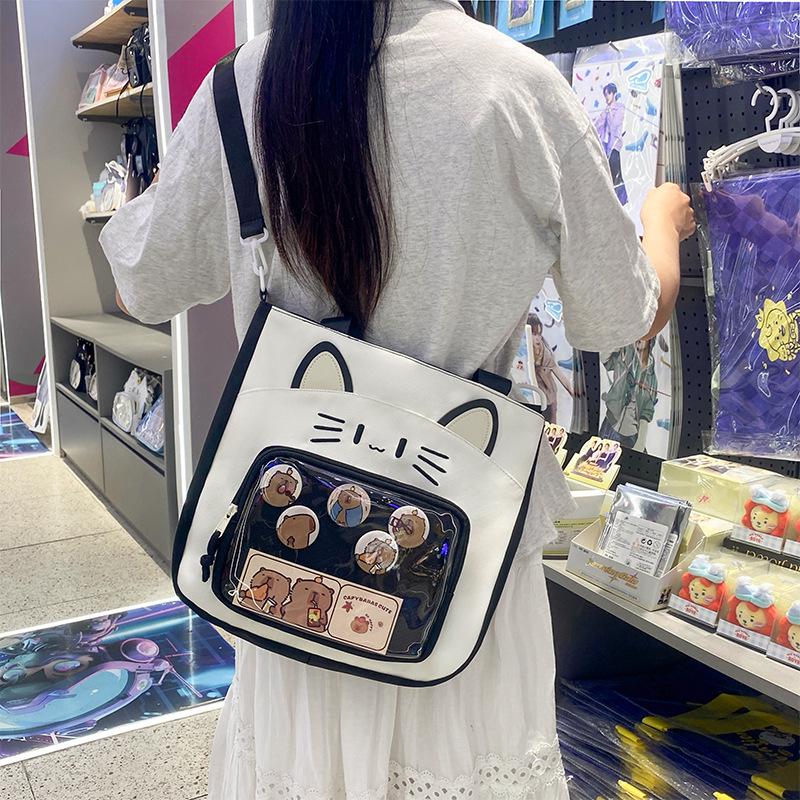 Large Capacity Cute Kitten Ita Bag - Cartoon Print Transparent Shoulder Bag for Students