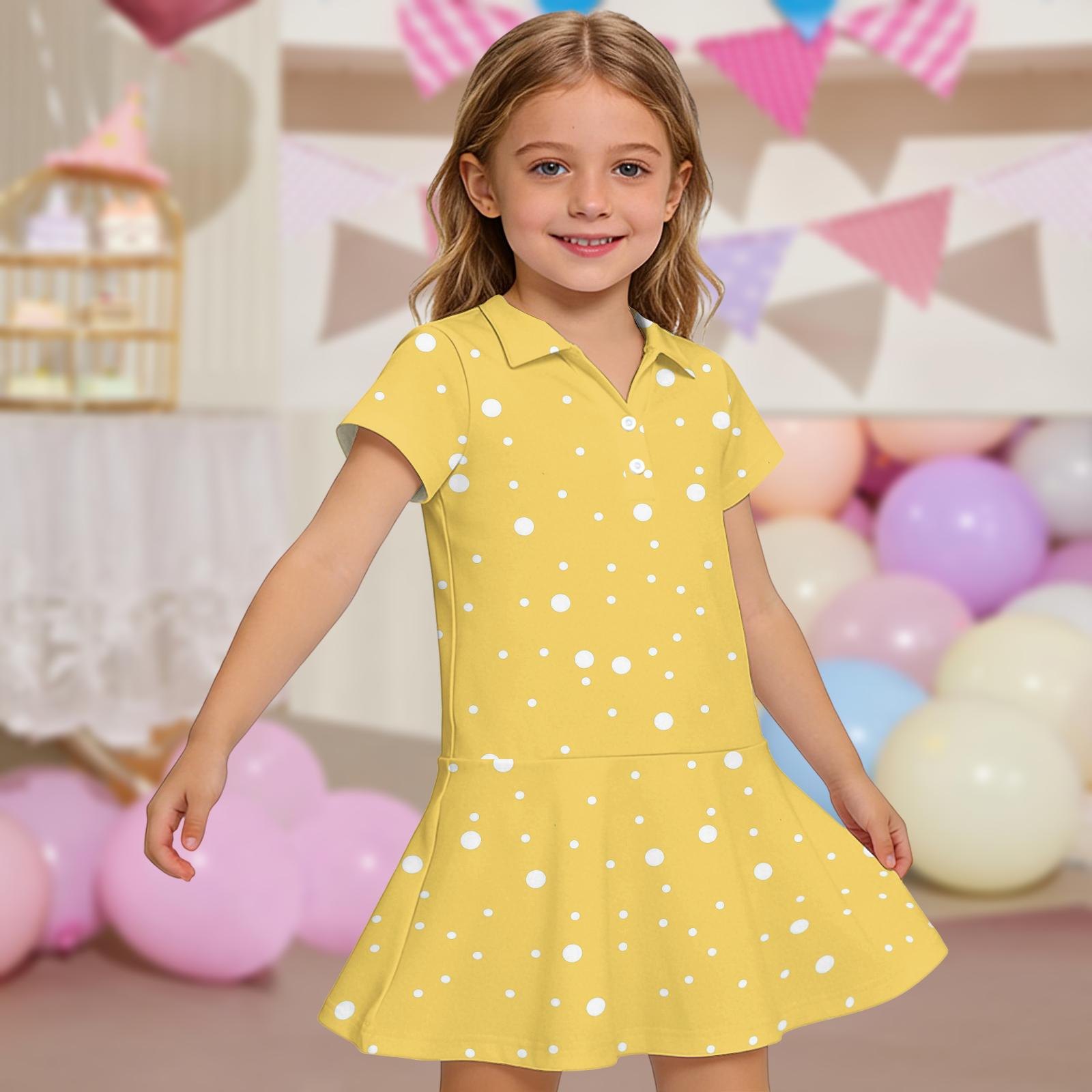 

Girls Short Sleeve Polo Dress with Polka Dot Pattern and Functional Pockets Casual Lightweight Summer Dress for Kids 130 жёлтый