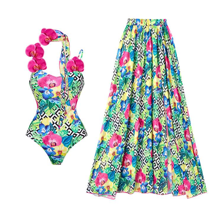 Spot European and American New Flower Decorative Printed One-piece Swimsuit Women's Beach Vacation Set