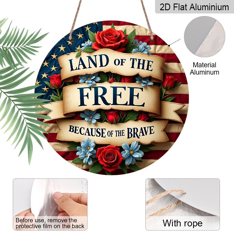 2D Flat, "Land of the Free, Because of the Brave" Patriotic Wreath Flag - Vintage Style Art, 7.87x7.87 Inches Decor for Home, Garden, Bar, Cafe