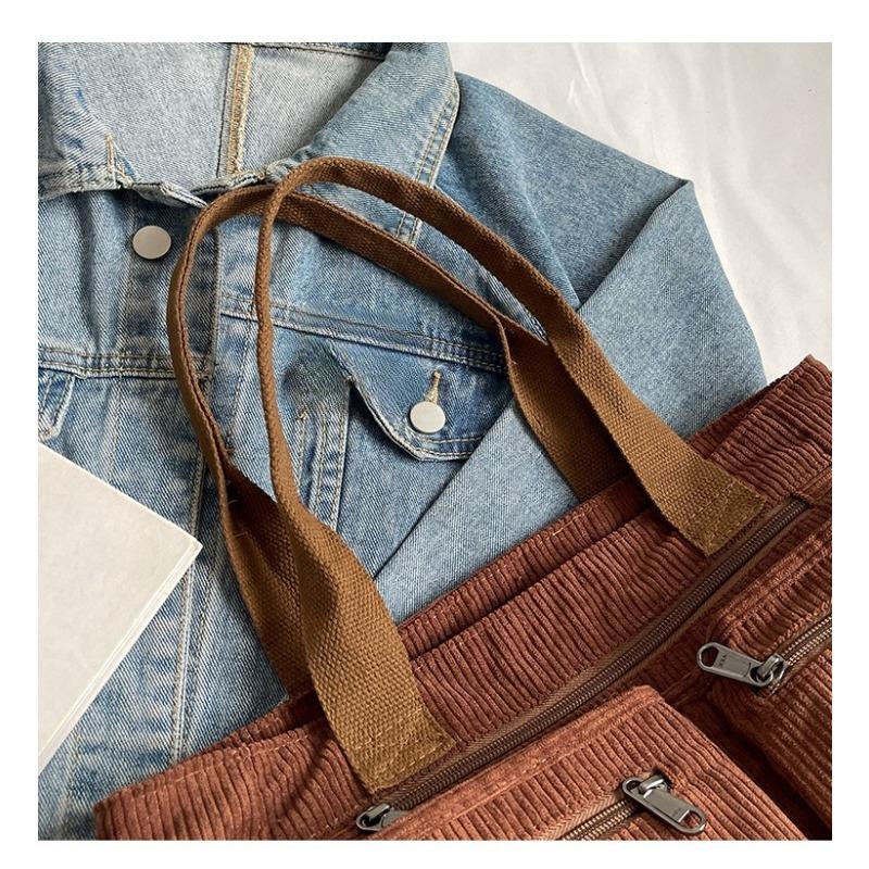 Corduroy Strawberry Print Tote Bag | Large Capacity Multi-Pocket Shoulder Crossbody Bag | Cute Kawaii School Commute Handbag