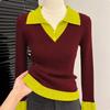 Women's Color-block Polo Knit Sweater Autumn Winter Slim-fit Stretchy Knit Sweater Soft Skin-friendly Knit Pullover