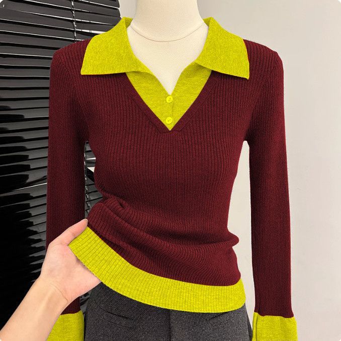 Women's Color-block Polo Knit Sweater Autumn Winter Slim-fit Stretchy Knit Sweater Soft Skin-friendly Knit Pullover