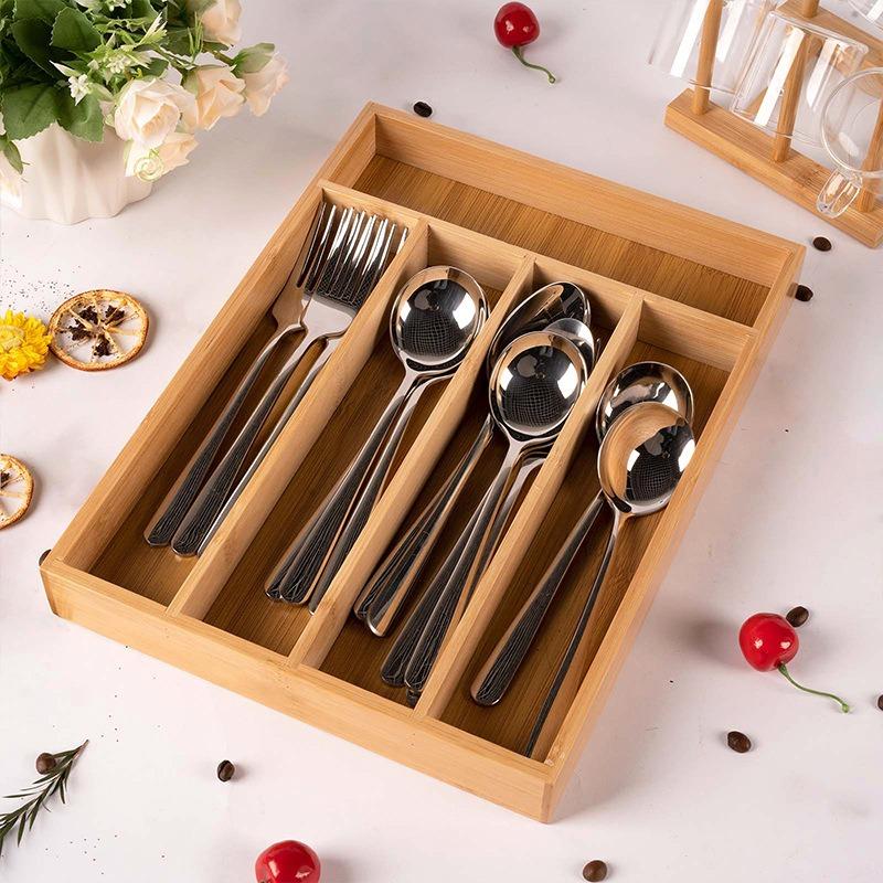 Bamboo Utensils Drawer Organizer Cutlery Utensil Silverware Tray, Perfect for Kitchen, Bathroom, Desk, Kitchen Drawer Divider