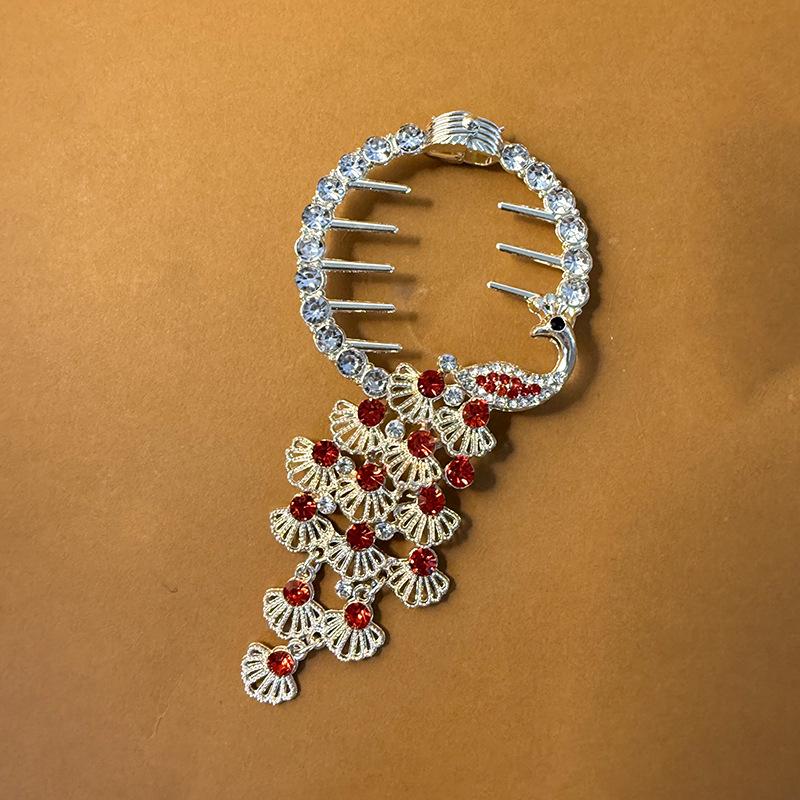 Red Peacock Phoenix Shark Hair Clip – Small, Elegant Half-Up Hairpin for Women