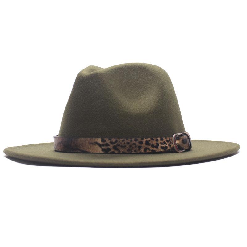 Four seasons flat woolen top hat, metal leopard print belt, big-brimmed felt hat, plain weave top hat