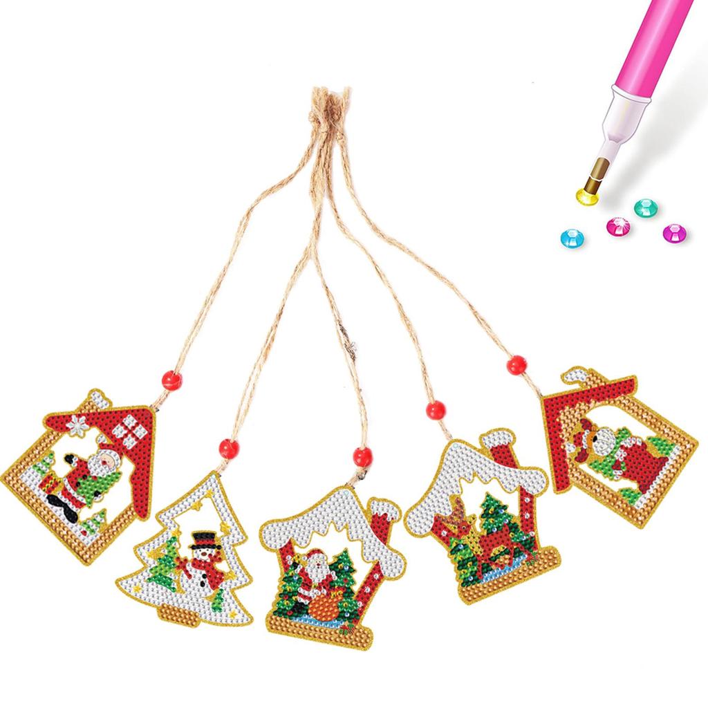 5pcs Xmas Theme 2D/Flat DIY Hanging Diamond Art Kits Rhinestone Diamond Art Window Pendants Diamond Art Christmas Tree Ornament