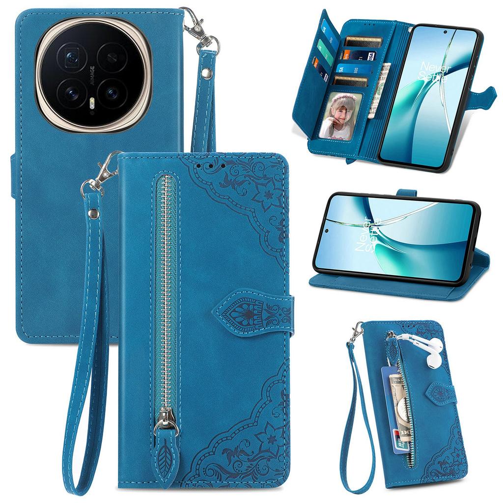For Honor Magic8 5G Zipper Wallet Case with Strap Flower Imprint PU Leather Phone Cover