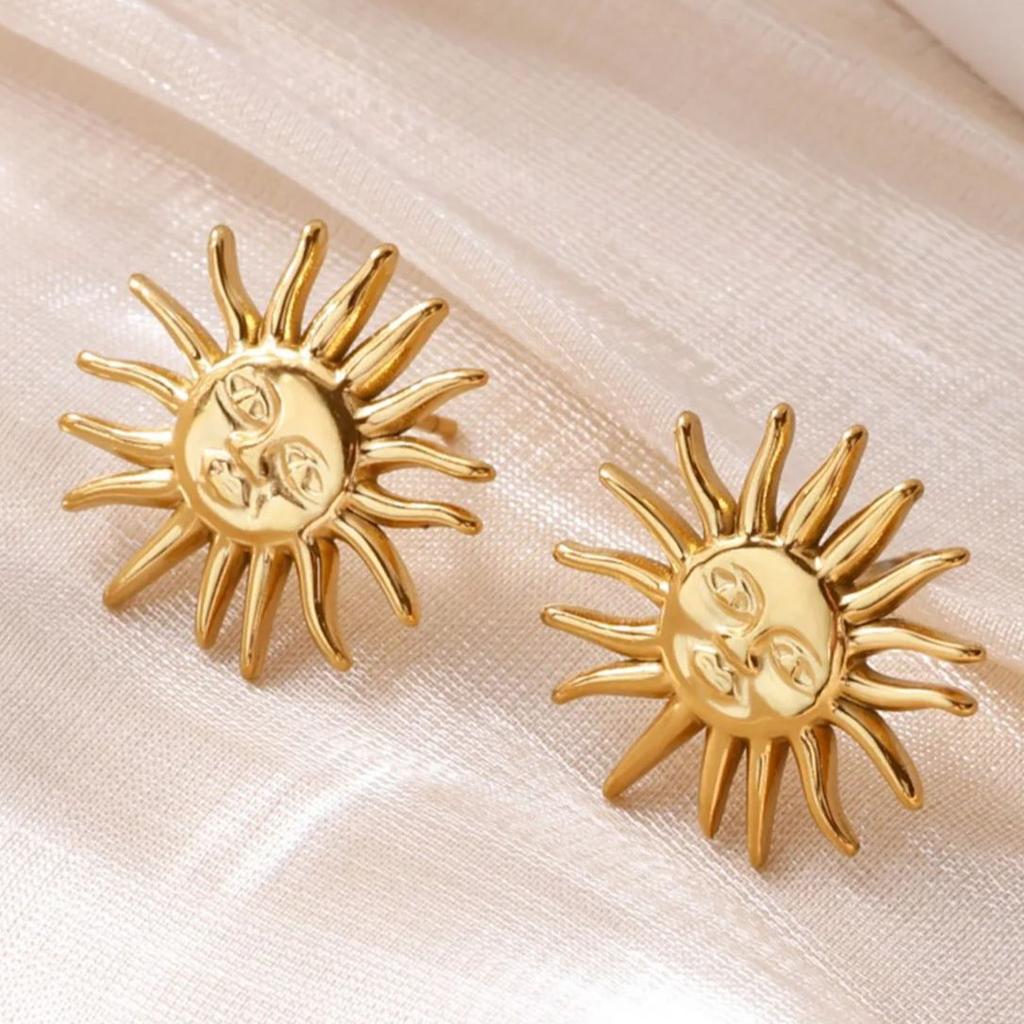 Punk Sun Earrings For Women Gold Plated Stainless Steel Geometric Sun Face Earring Wedding Aesthetic Waterproof Jewelry Gift