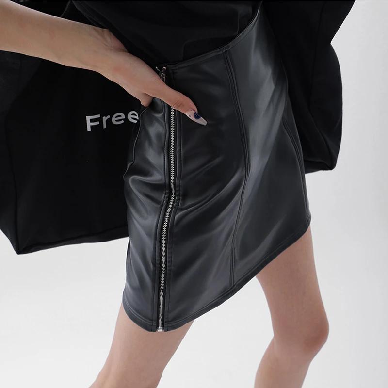 

Hot Girl Black Leather High Waist Slimming A-line Autumn Winter New with Boots Hip-hugging Short Skirt for Women S чорний