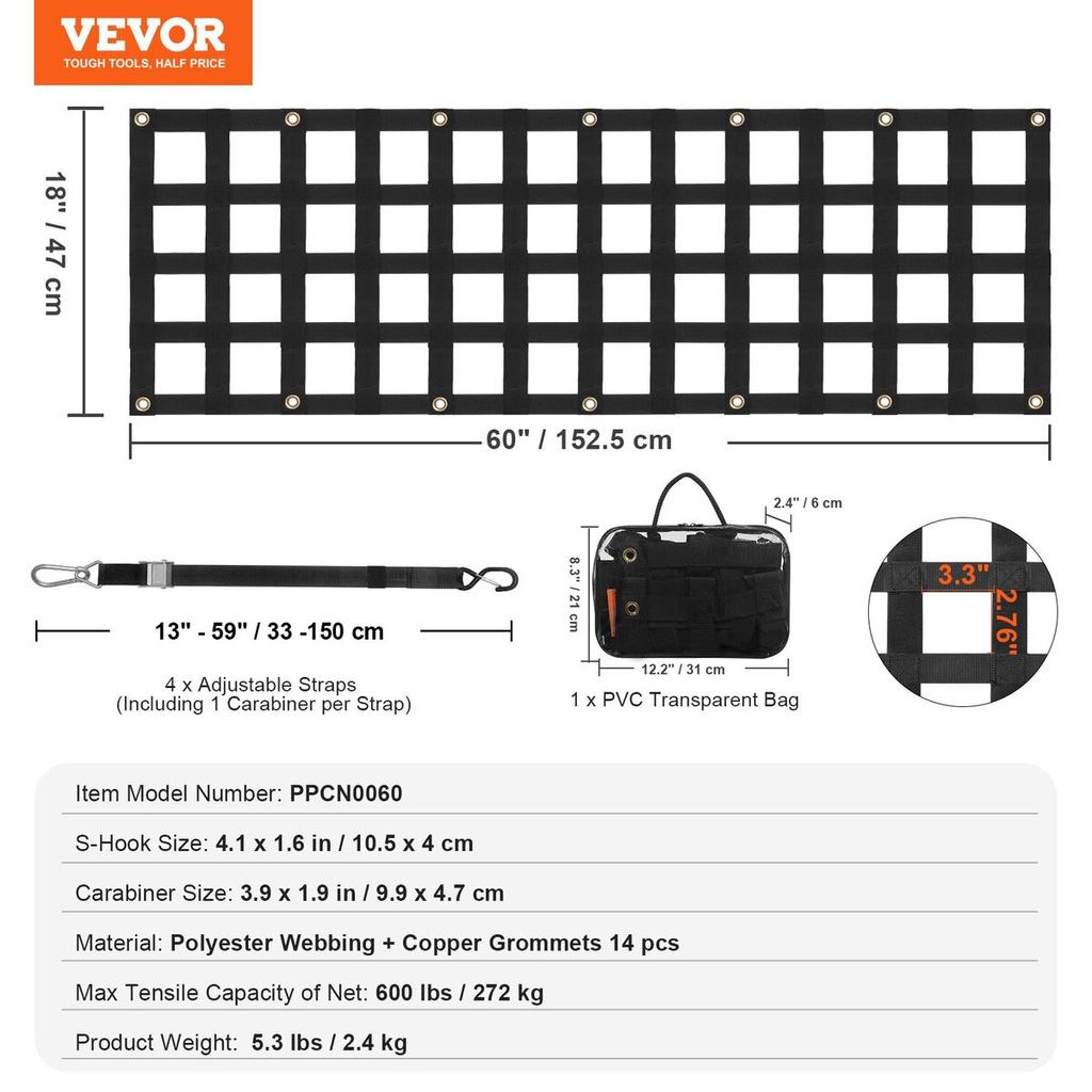 Tailgate Net Pickup Truck Tailgate Net 60" X 18" for Full Size Trucks