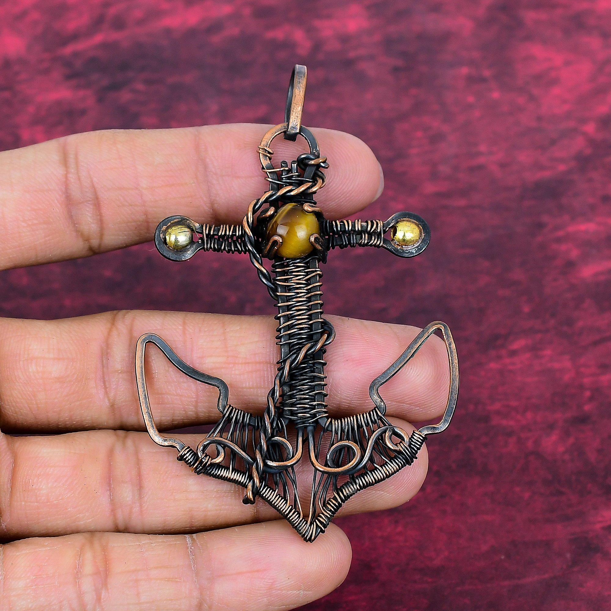 Tiger s Eye Pendant Anchor Design Jewelry Copper Wire Wrapped Gemstone Pendant