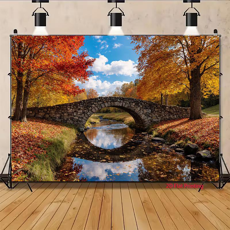 2D Autumn Nature Backdrop Cloth Stone Bridge Fall Photography Background