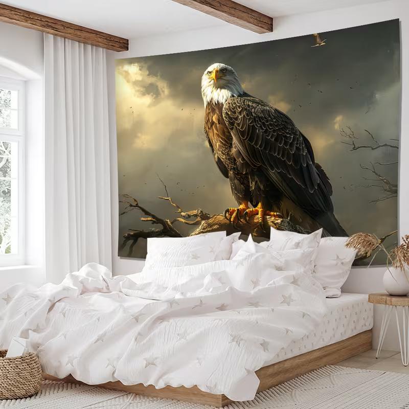 2D Bald Eagle on Branch Tapestry, Powerful Bird Wall Art for Home Decor