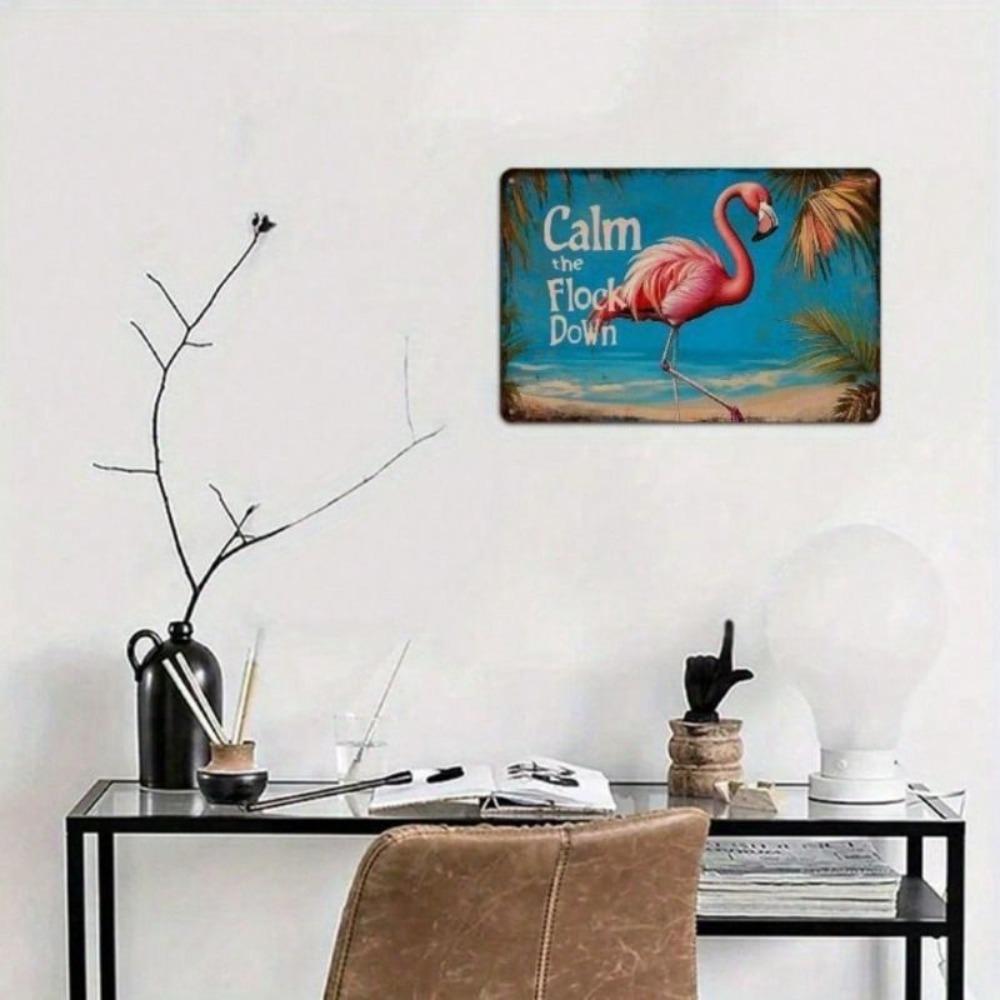 Metal Wall Art Vintage Flamingo Poster Pre Drilled Iron Sign 12x8 Inch for Bar