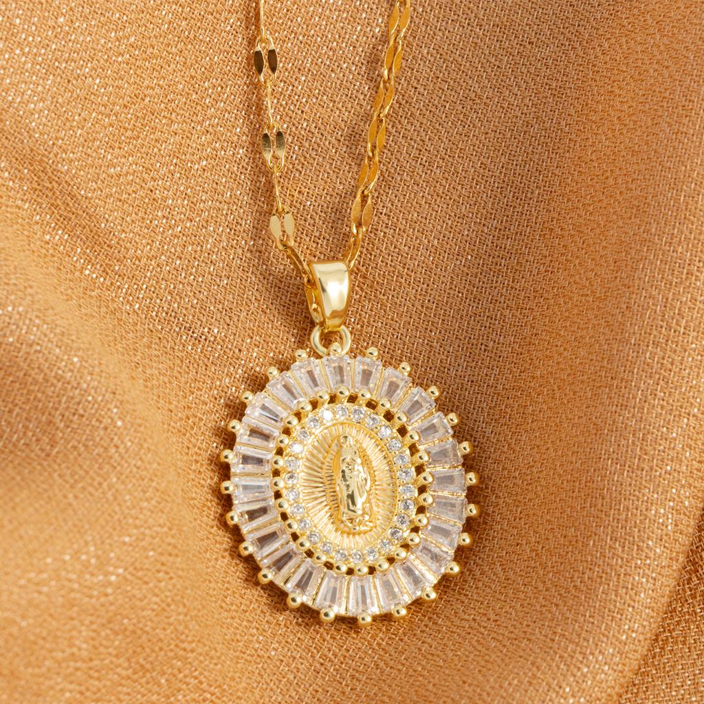 Oval round plaque inlaid with zircon religious pendant for women's party stainless steel Virgin Mary jewelry gift necklace