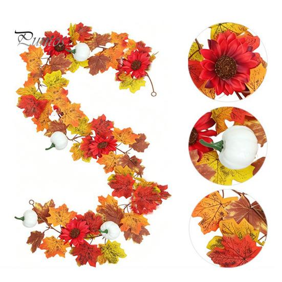 Holiday Gifts for Family Artificial Fall Maple Leaf Wreath, Autumn Vine with Pine Cones Pumpkins, Reusable Realistic Orange Red Leaves Hanging