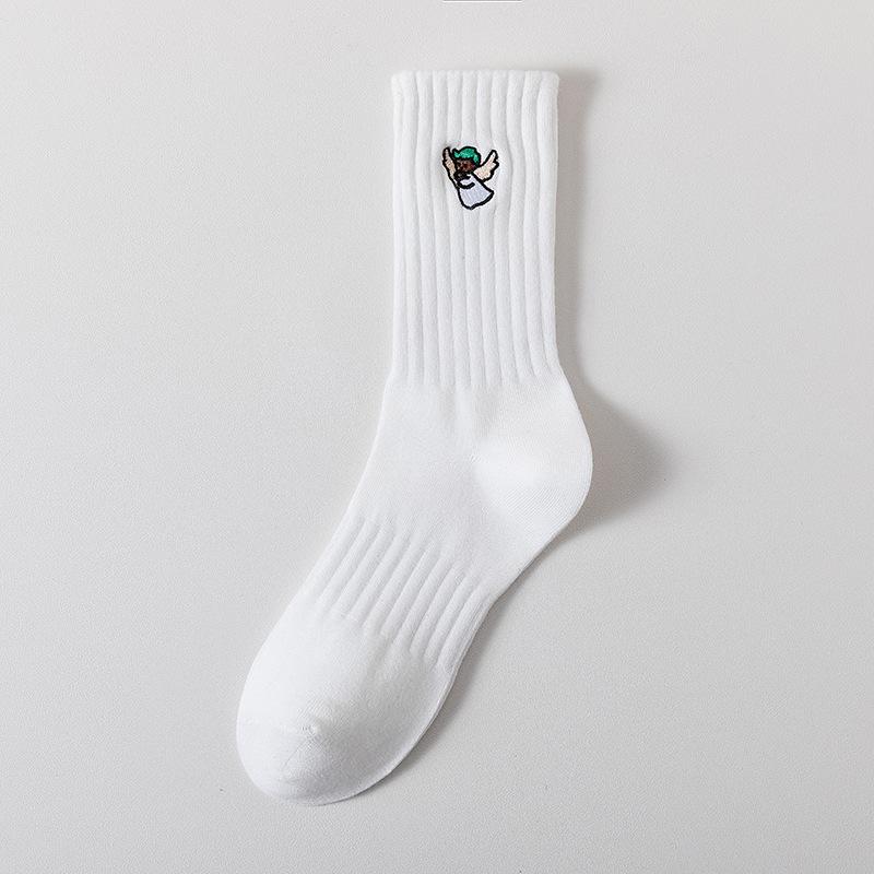 Cityboy Men’s Autumn/Winter White Cartoon Embroidery Socks - Trendy, Sweat-Absorbing Mid-Calf Sports Socks