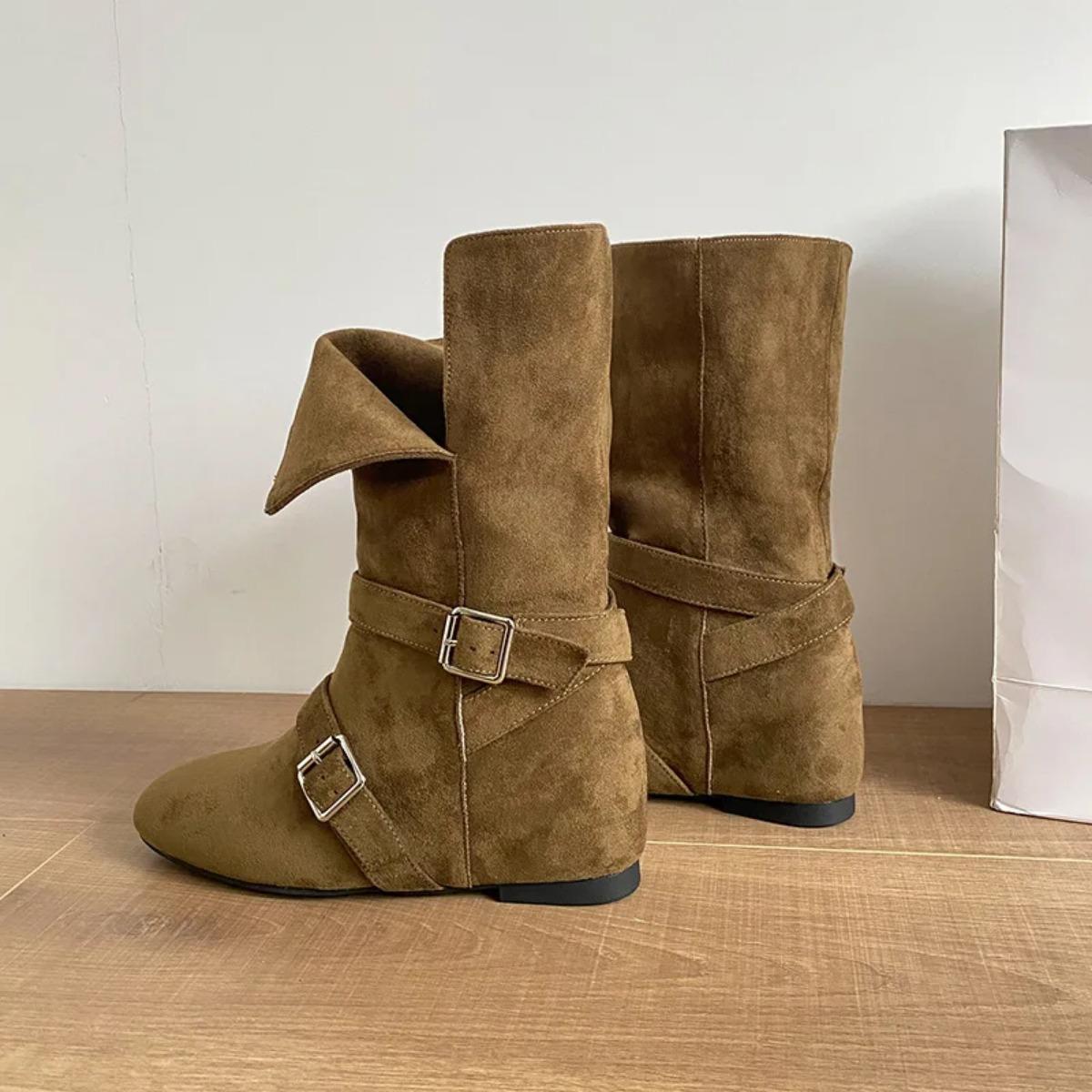 

Вдохновленные Сеулом мотоциклетные ботинки с круглым носком женские металлические синие бархатные ботинки до середины икры на плоском каблуке рыцарские ботильоны обувь с высоким верхом 43 коричневый