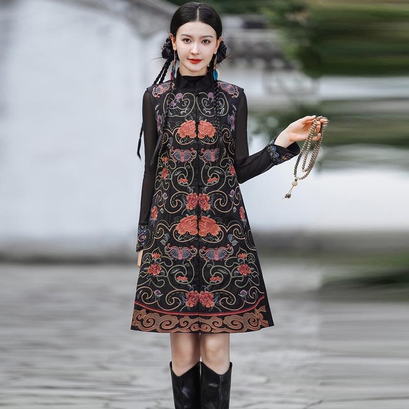 

2025 Ethnic Embroidered Mid-Length Windbreaker Vest with Stand Collar XL