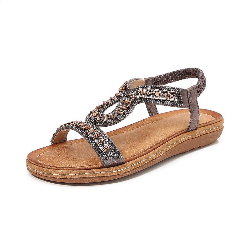 Fashion Low Sandals Woman Leather 2025 Summer Large Size Female Shoe Round Toe Low-heeled Fashion Rhinestone Big Flat Girls Beige Bohemi