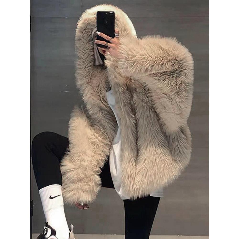 

Зимняя шуба женская средней длины и длинная, с капюшоном из лисьего меха, свободная и тонкая, модная и экологичная меховая шуба XL абрикосовый