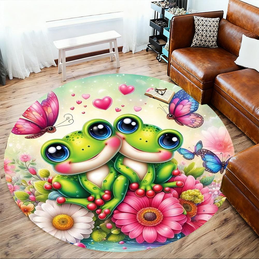 1PC Frogs Butterflies Flowers Round Chair Mat Area Rug - Non-Slip, Floor Mat for Office, Bedroom, Home Decor Christmas Gift C0528017