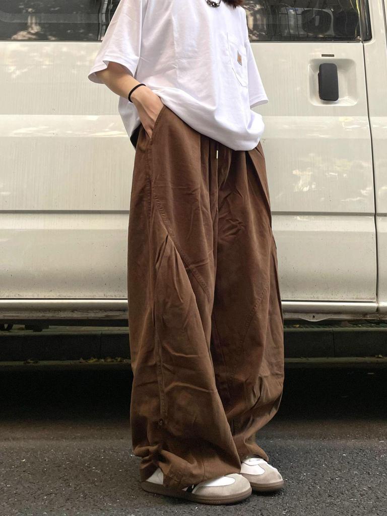 Unisex Japanese Style Coffee Pleated Wide-Leg Workwear Pants