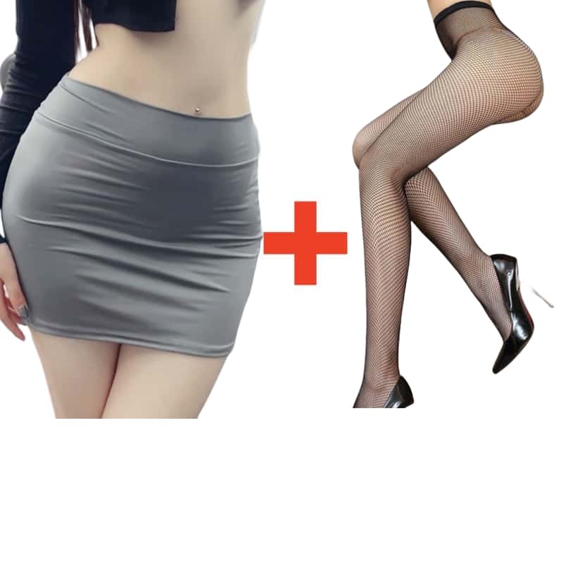2PCS/SET Women High Waist Pencil Mini Skirts+Stockings Dress Set,Sexy Casual Wrap Hips Black Short Skirt and Pantyhose