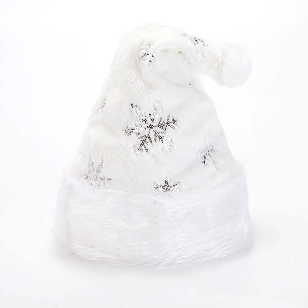 White Plush Santa Hat with Gold and Silver Beads Snowflake Embroidery Adult Santa Hat Holiday Home Decorations