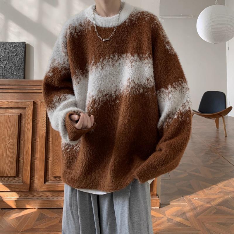 

American Retro Color Block Men s Winter Sweater - Lazy Style, Loose Knitwear, Thick & Warm Coat XL