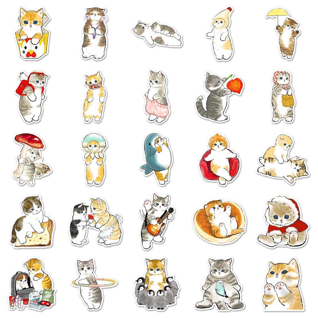 50 Cute Hand-Drawn Kitten Stickers: Waterproof Decals for Notebooks, Suitcases, Journals, and Water Bottles